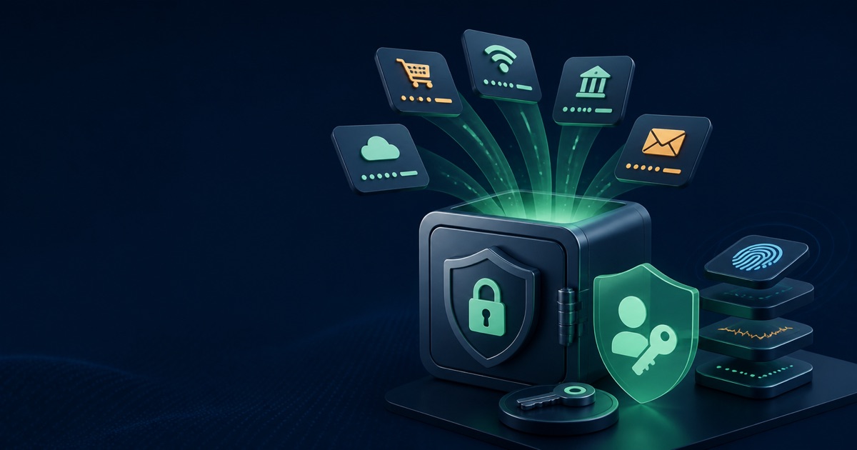 Bóveda digital que protege credenciales, passkeys y diferentes accesos en un gestor de contraseñas.