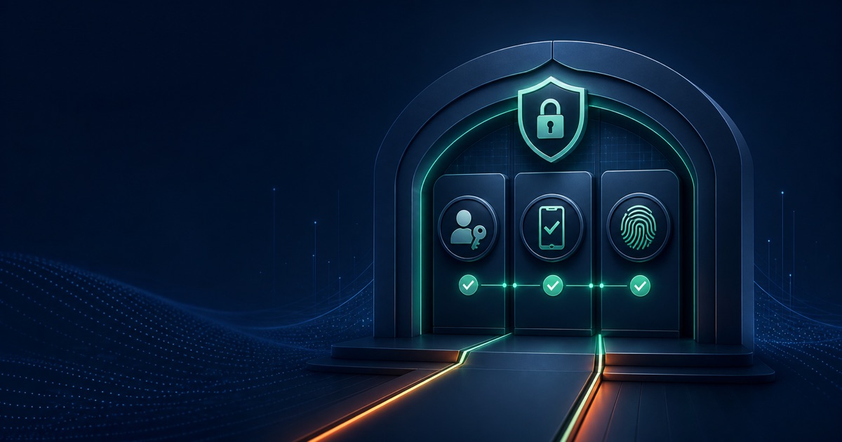 Puerta digital protegida mediante contraseña, aprobación en el móvil y verificación biométrica.