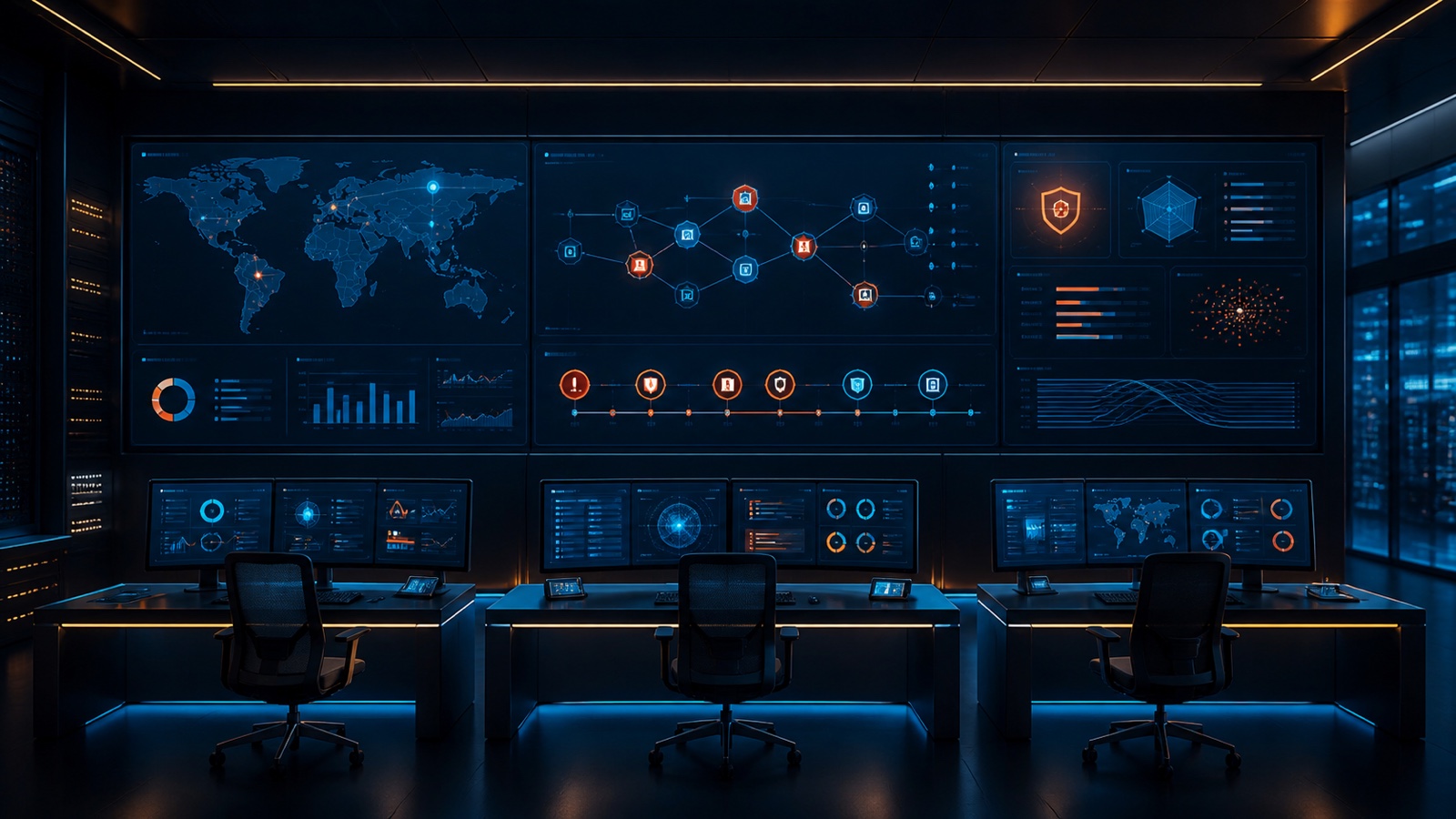 Centro de operaciones de seguridad con puestos de análisis y paneles de eventos correlacionados